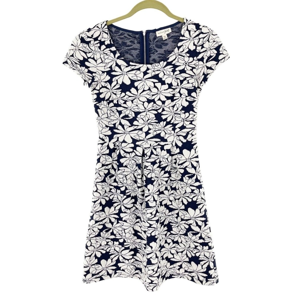 Maison Jules Navy & White Floral Knit Fit & Flare Dress XS Cotton Boho Cottage